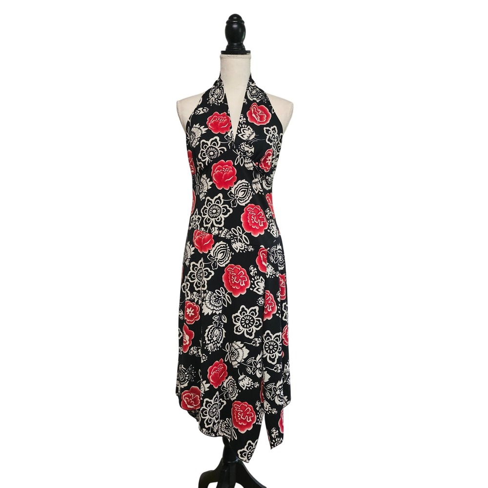 Vintage 90s Black & Red Floral Halter Asymmetrical Hem Dress Size M Indie Grunge